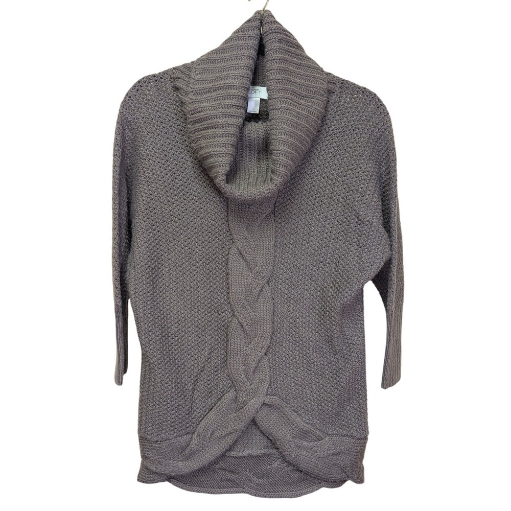 LOFT Small Taupe Alpaca Wool Cable Knit Cowl Neck Chunky Tunic Sweater Chic Cozy - Picture 3 of 7